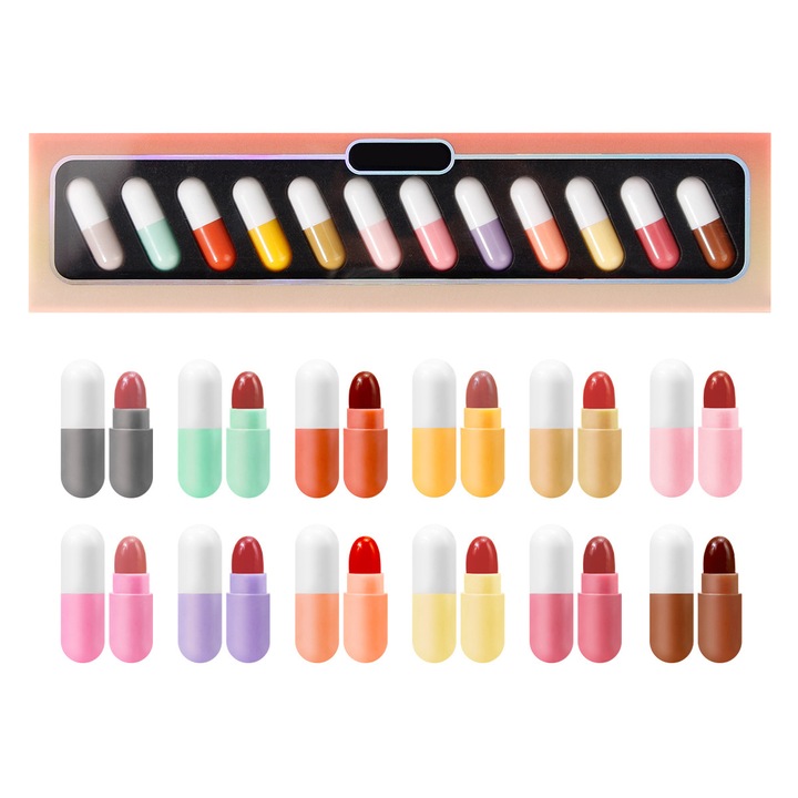 Set 12 mini rujuri, QttvbTna, Rezistent la apa, Finisaj mat, 7.5 x 3 cm, Multicolor