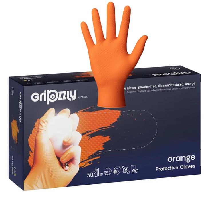 Manusi Nitril Gofrate GripZzly, Portocalii, Rezistente la Chimicale si Uleiuri, 50 buc, M