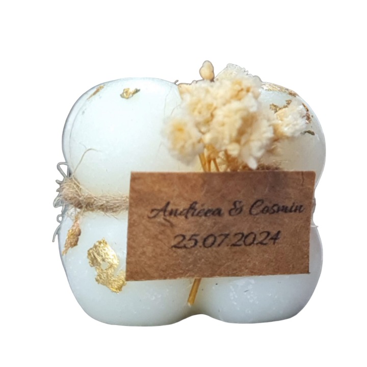 Marturie de Botez baiat, fetita, lumanare Bubble din ceara 100% naturala de soia cu foita de aur, flori naturale uscate si eticheta