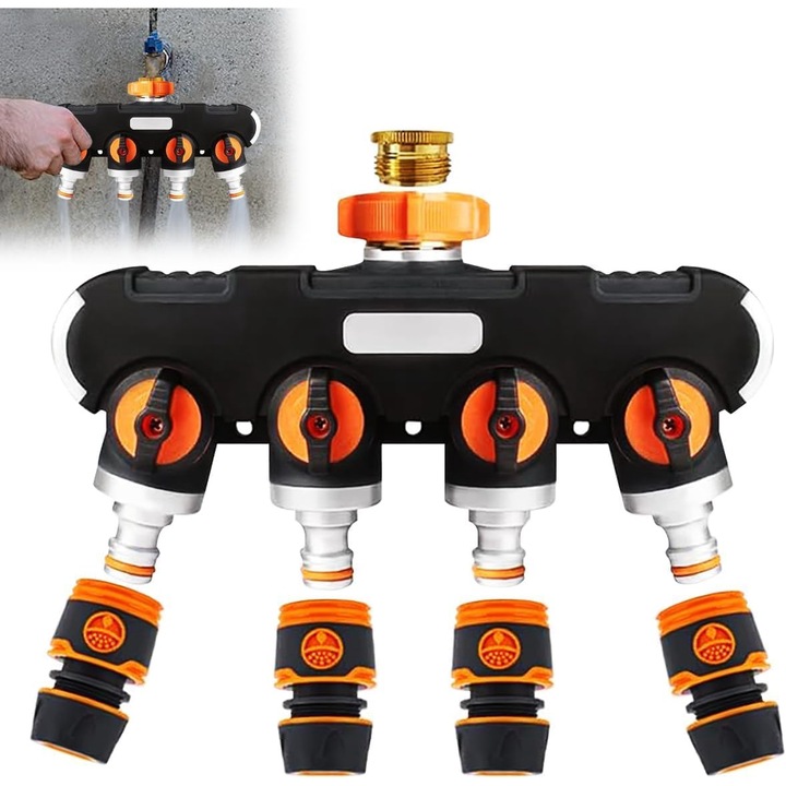 Conector robinet pentru furtun tip spliter, 4 conectori si 4 valve, filet BSP de 1,9 cm si adaptor pentru robinet BSP de 1,27 cm, culoare Negru/Portocaliu, Manolex®
