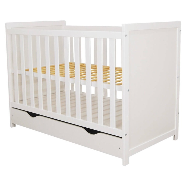 Patut bebe, lemn de pin, cu sertar, alb, 120x60cm
