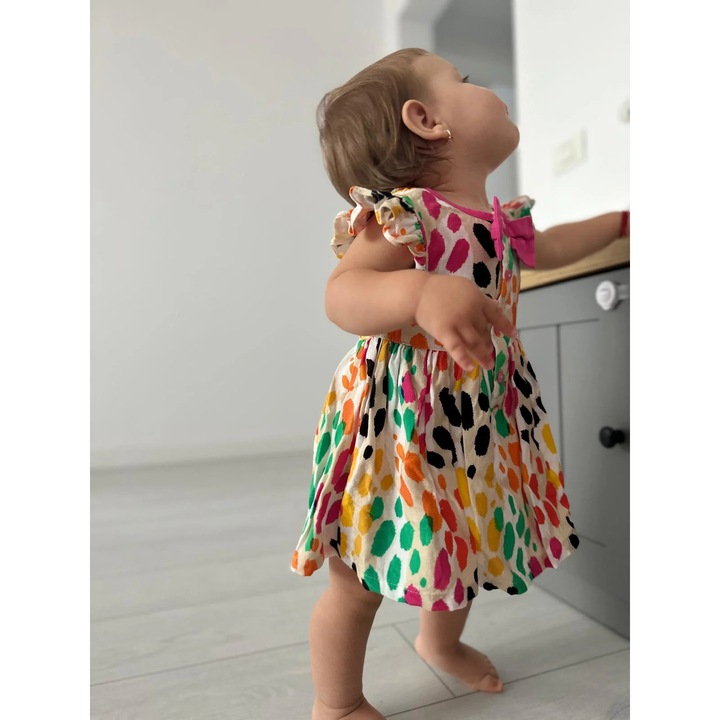 Rochie cu fundita roz si volane la maneci PANCO - Hope, Bej cu buline colorate, pentru fetite, Bej