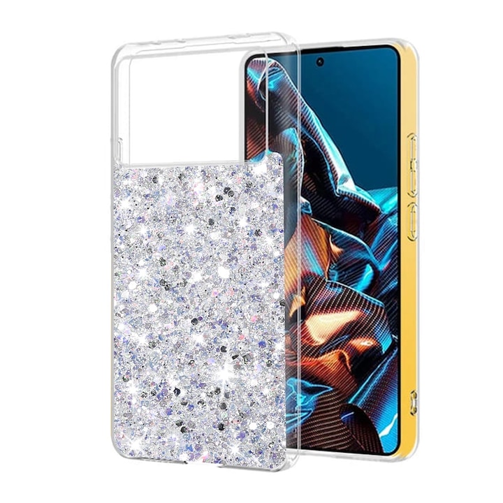 Magas védelmi tok Xiaomi Poco X6 Pro-hoz, Elda Safe, Sparkly Glitter, P69, kemény műanyag, gyöngyfehér