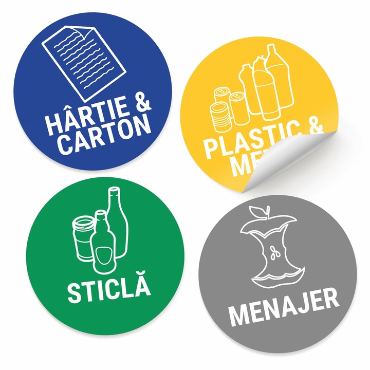 Set 4 Stickere Autoadezive 8x8cm pentru pubela/cos gunoi, reciclare