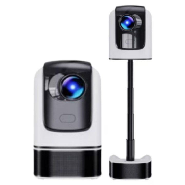 Videoproiector mini portabil SMART, 2000 lumeni, 50 ANSI, cu Android 8, Wi-Fi 6, Bluetooth, rezolutie FullHD, suport 4K, conexiune HDMI, USB si Mirroring Android/IOS, difuzor integrat, rotatie 180 grade, telecomanda, negru