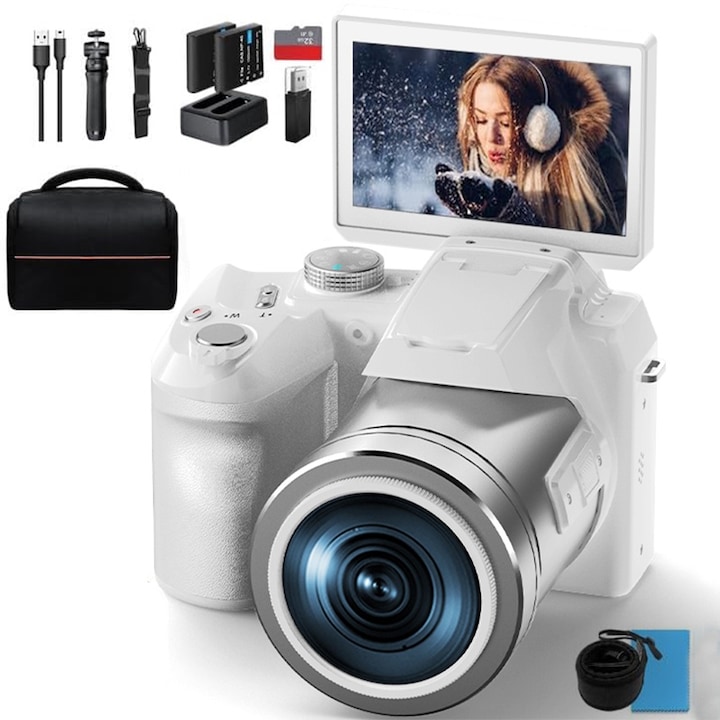 NBD Digitális fényképezőgép, 4K, 64 MP, 3,0 hüvelykes IPS, 32 GB-os SD-kártya, 16X digitális zoom, fehér