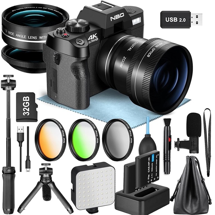NBD Digitális fényképezőgép, 4K, 48 MP, 16X zoom, 3,0 hüvelykes, 180 fokban forgatható képernyő, nagy látószögű és makró objektív, 32G kártya (fekete)