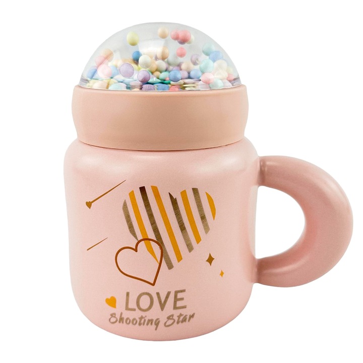 Cana din ceramica cu capac "Air bubbles", 400 ml, Roz