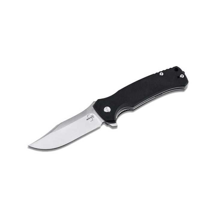 Cutit tactic de buzunar Boker Plus MERK 1 D2 Clip-Point, finisaj satinat, maner G10 negru texturat, clema adanca, spargator de sticla, Vaeringi Design, performanta maxima de taiere, siguranta sporita, durabilitate exceptionala