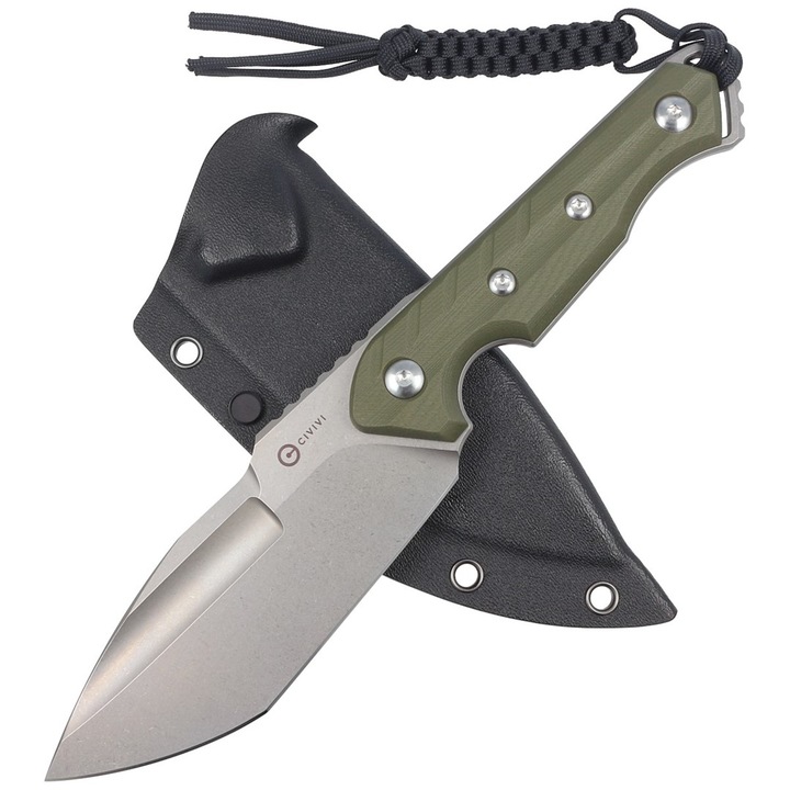 Cutit tactic profesional cu lama fixa Civivi Maxwell OD Green G10, otel D2 de inalta performanta, design Spear Point, maner ergonomic G10 verde, teaca Kydex rezistenta, ideal pentru outdoor, camping, supravietuire, utilizare intensiva, husa