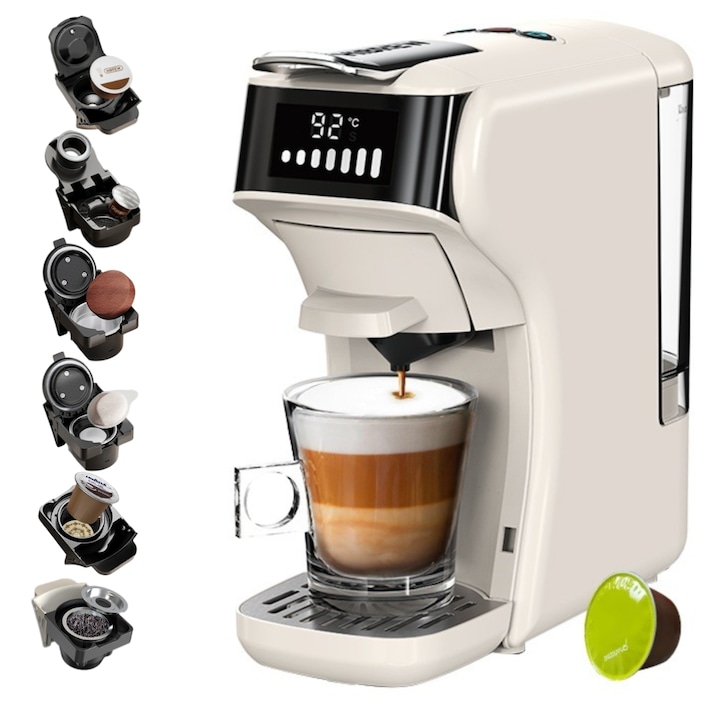 HiBREW H1B 6in1 Capsule Espresso Machine, Hot/Cold Multiple Espresso, 20 bar, 1450W, 600ml, Thermoblock, Съвместима с Nespresso, Dolce Gusto, KCup капсули, чай, ESE сашета и смляно кафе, Бежово
