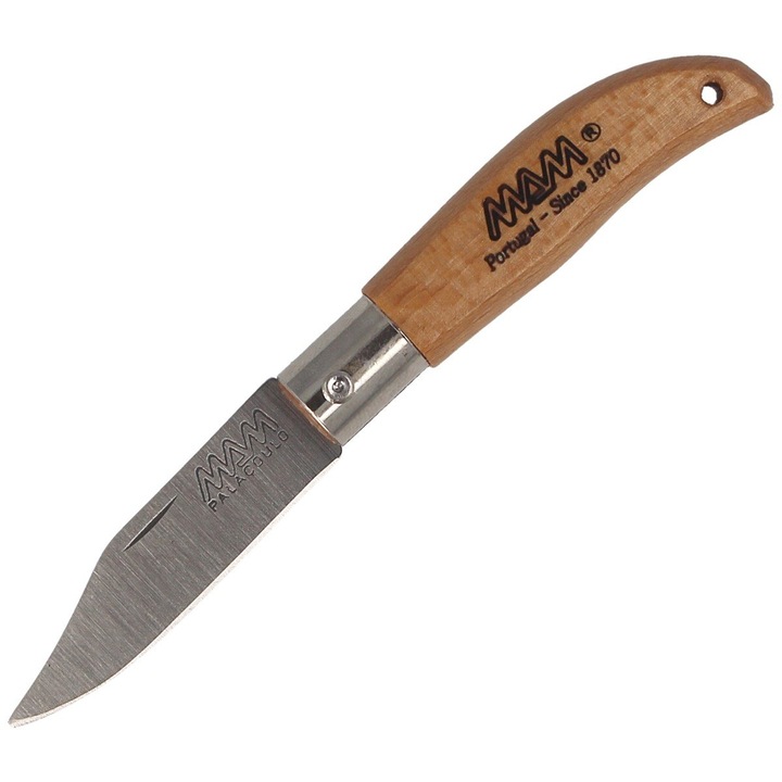 Cutit MAM Iberica Mini, Lemn de Fag Deschis, 45mm, Etui Piele, Clip Point