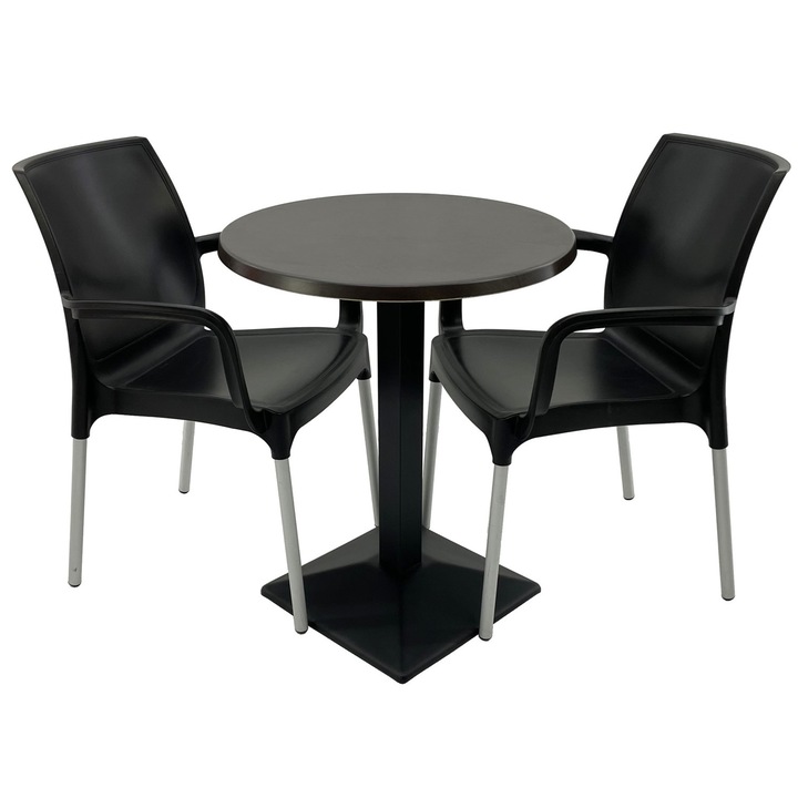 Set mobilier terasa RAKI, 2 scaune Sunset negre 55x58xh82cm din plastic cu picioare aluminiu, masa rotunda D60cm cu blat Werzalit New Wenge si baza din metal neagra