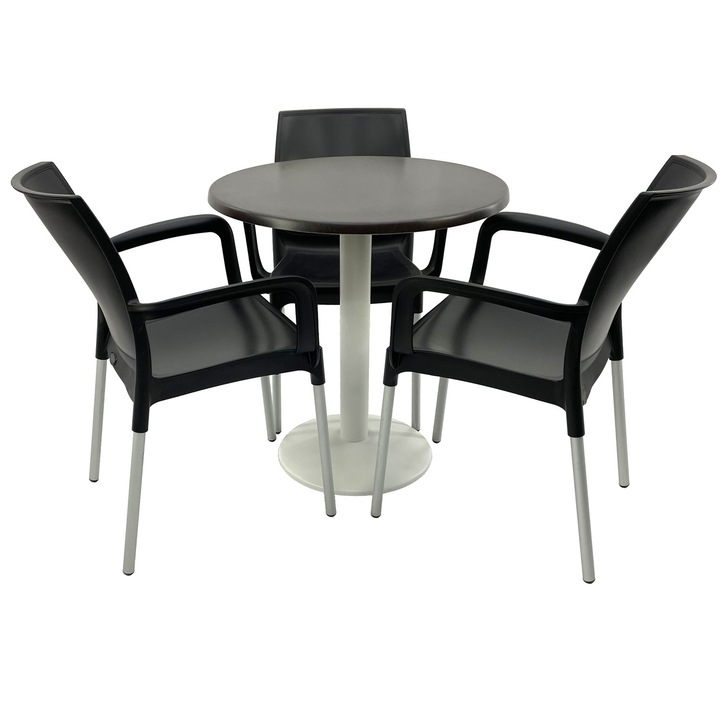 Set mobilier terasa RAKI, 3 scaune Sunset negre 55x58xh82cm din plastic cu picioare aluminiu, masa rotunda D70cm cu blat Werzalit New Wenge si picior metalic alb
