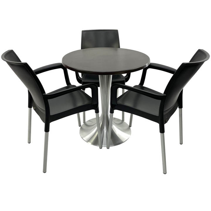 Set mobilier terasa RAKI, 3 scaune Sunset negre 55x58xh82cm din plastic cu picioare aluminiu, masa rotunda D70cm cu blat Werzalit New Wenge si baza din aluminiu
