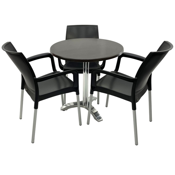 Set mobilier terasa RAKI, 3 scaune Sunset negre 55x58xh82cm din plastic cu picioare aluminiu, masa rotunda D70cm cu blat Werzalit New Wenge si picior aluminiu