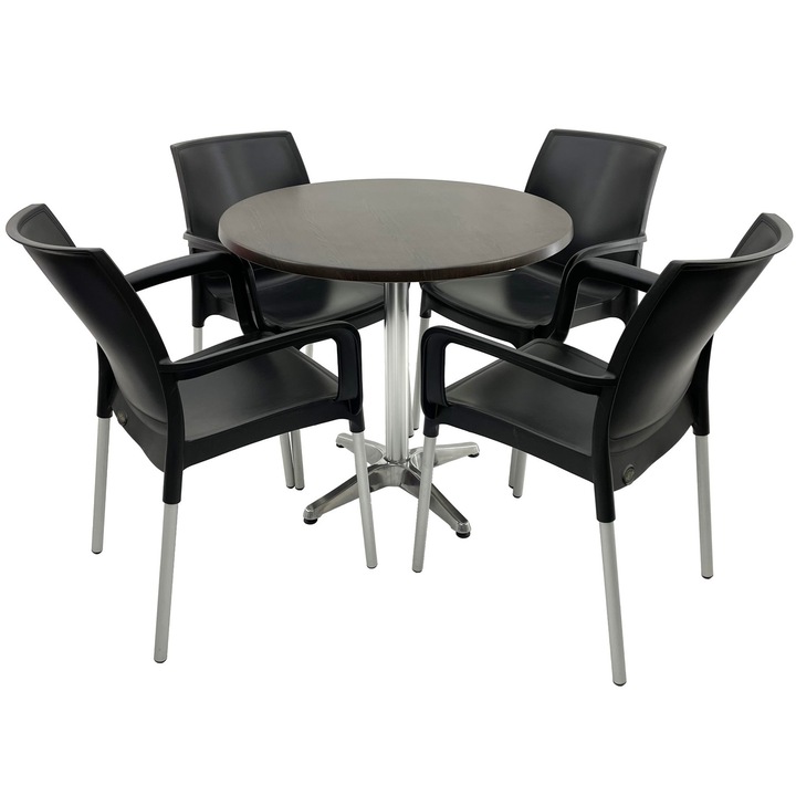 Set mobilier terasa RAKI, 4 scaune Sunset negre 55x58xh82cm din plastic cu picioare aluminiu, masa rotunda D80cm cu blat Werzalit New Wenge si baza aluminiu