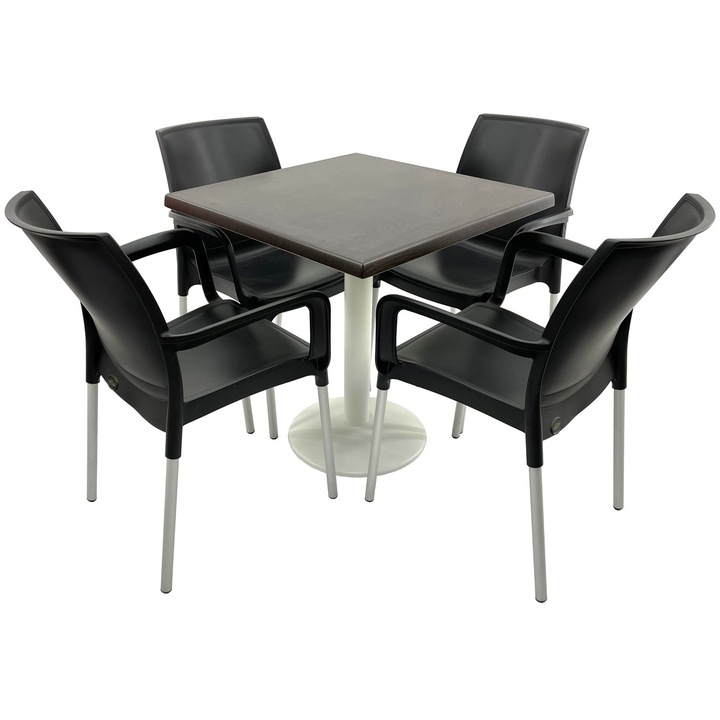 Set mobilier terasa RAKI, 4 scaune Sunset negre 55x58xh82cm din plastic cu picioare aluminiu, masa patrata 80x80cm cu blat Werzalit New Wenge si picior metalic alb
