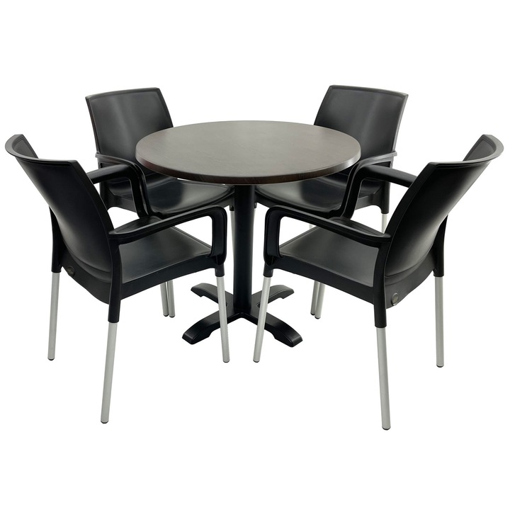 Set mobilier terasa RAKI, 4 scaune Sunset negre 55x58xh82cm din plastic cu picioare aluminiu, masa rotunda D80cm cu blat Werzalit New Wenge si picior din metal negru