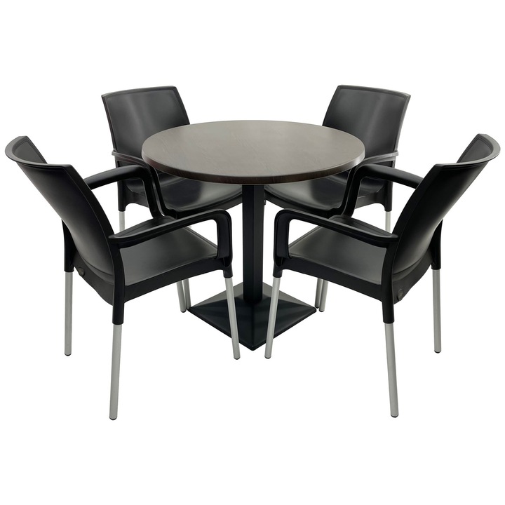 Set mobilier terasa RAKI, 4 scaune Sunset negre 55x58xh82cm din plastic cu picioare aluminiu, masa rotunda D80cm cu blat Werzalit New Wenge si baza din metal neagra