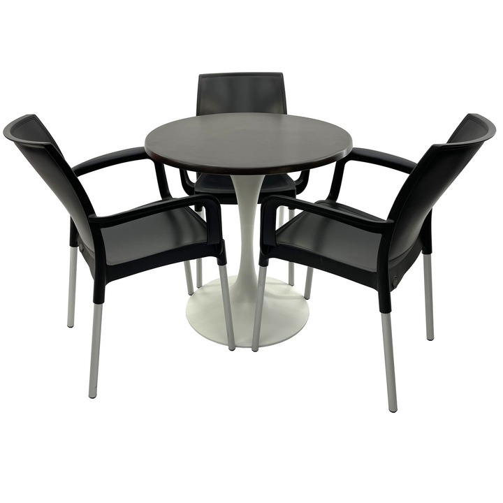 Set mobilier terasa RAKI, 3 scaune Sunset negre 55x58xh82cm din plastic cu picioare aluminiu, masa rotunda D70cm cu blat Werzalit New Wenge si baza metalica alba