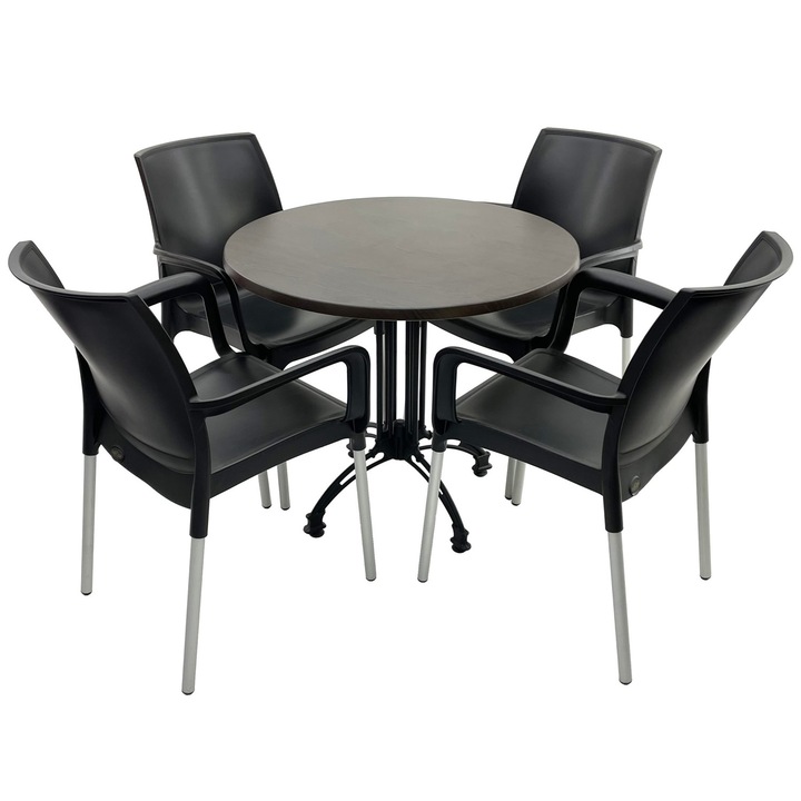 Set mobilier terasa RAKI, 4 scaune Sunset negre 55x58xh82cm din plastic cu picioare aluminiu, masa rotunda D80cm cu blat Werzalit New Wenge si baza retro neagra din aluminiu