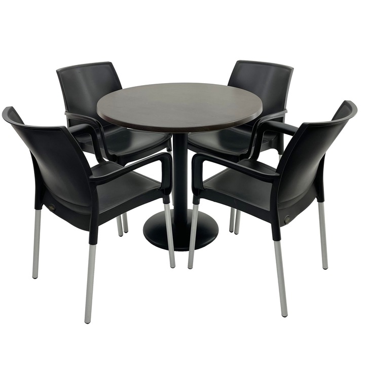 Set mobilier terasa RAKI, 4 scaune Sunset negre 55x58xh82cm din plastic cu picioare aluminiu, masa rotunda D80cm cu blat Werzalit New Wenge si baza metalica neagra