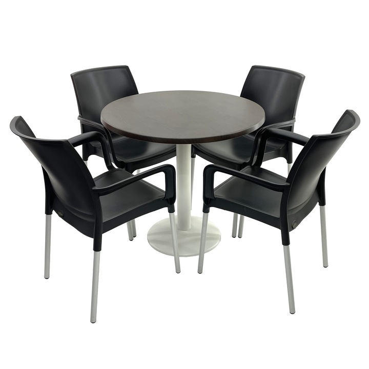 Set mobilier terasa RAKI, 4 scaune Sunset negre 55x58xh82cm din plastic cu picioare aluminiu, masa rotunda D80cm cu blat Werzalit New Wenge si picior metalic alb