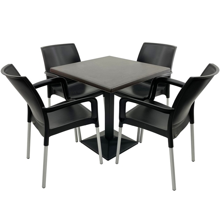 Set mobilier terasa RAKI, 4 scaune Sunset negre 55x58xh82cm din plastic cu picioare aluminiu, masa patrata 80x80cm cu blat Werzalit New Wenge si baza din metal neagra