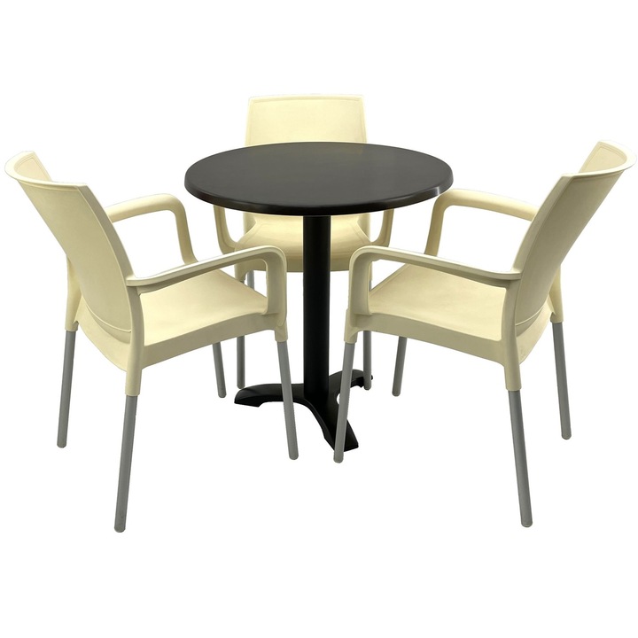 Set bistro de exterior RAKI, masa rotunda D70cm cu blat Werzalit New Wenge si picior metalic negru, 3 scaune Sunset crem 55x58xh82cm din plastic cu picioare aluminiu