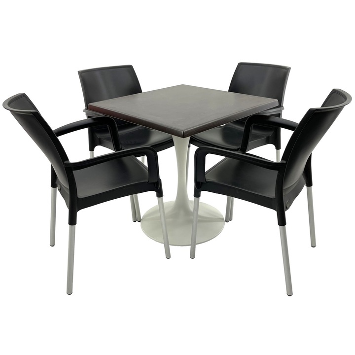 Set mobilier terasa RAKI, 4 scaune Sunset negre 55x58xh82cm din plastic cu picioare aluminiu, masa patrata 80x80cm cu blat Werzalit New Wenge si baza metalica alba