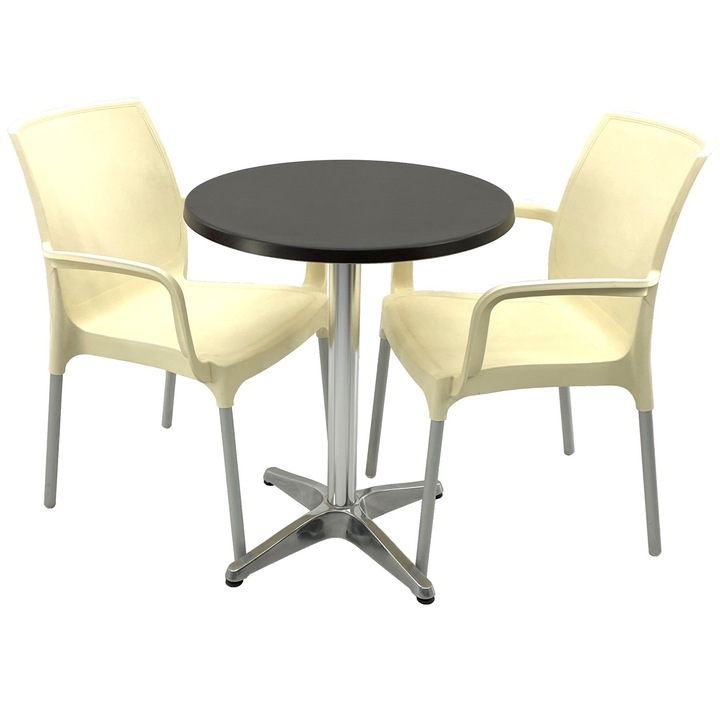 Set bistro de exterior RAKI, masa rotunda D60cm cu blat Werzalit New Wenge si baza aluminiu, 2 scaune Sunset crem 55x58xh82cm din plastic cu picioare aluminiu