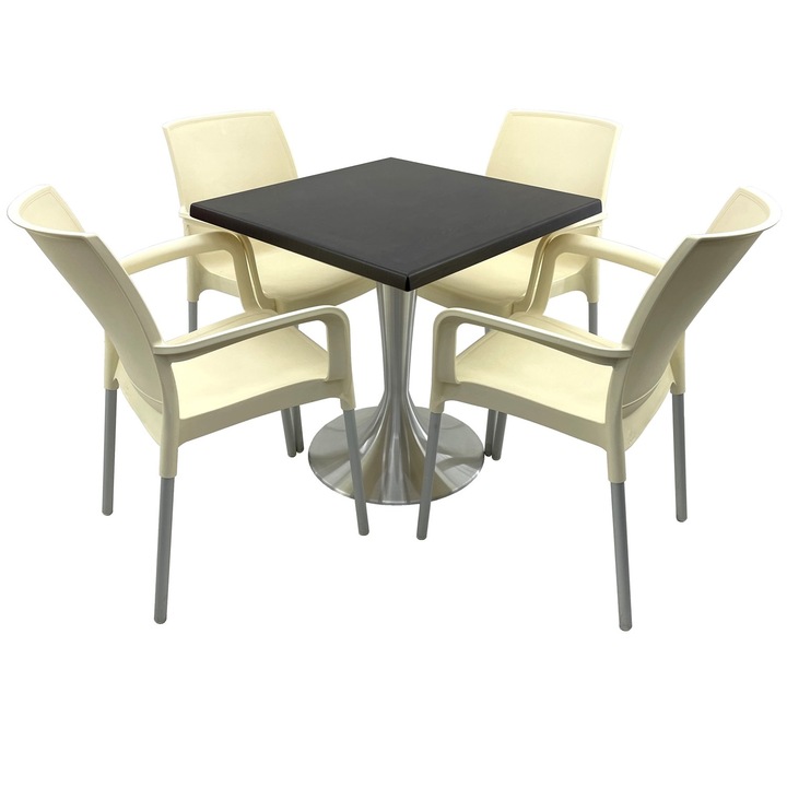 Set bistro de exterior RAKI, masa patrata 70x70cm cu blat Werzalit New Wenge si baza din aluminiu, 4 scaune Sunset crem 55x58xh82cm din plastic cu picioare aluminiu