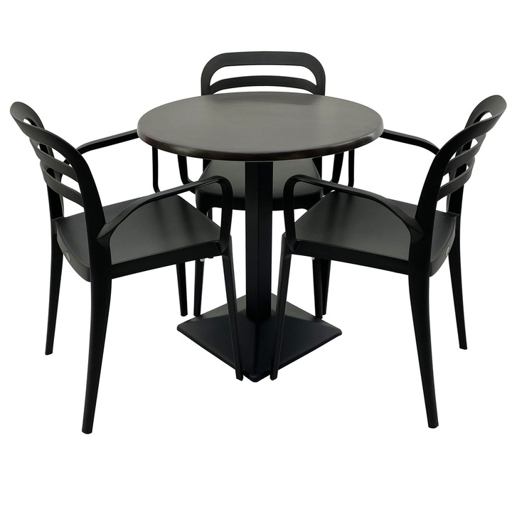 Set mobila terasa/restaurant RAKI, masa rotunda D70cm cu blat Werzalit New Wenge si baza din metal neagra, 3 scaune cu brate Aspendos negre 54,5x51xh81,6cm din plastic