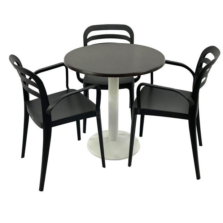 Set mobila terasa/restaurant RAKI, masa rotunda D70cm cu blat Werzalit New Wenge si picior metalic alb, 3 scaune cu brate Aspendos negre 54,5x51xh81,6cm din plastic