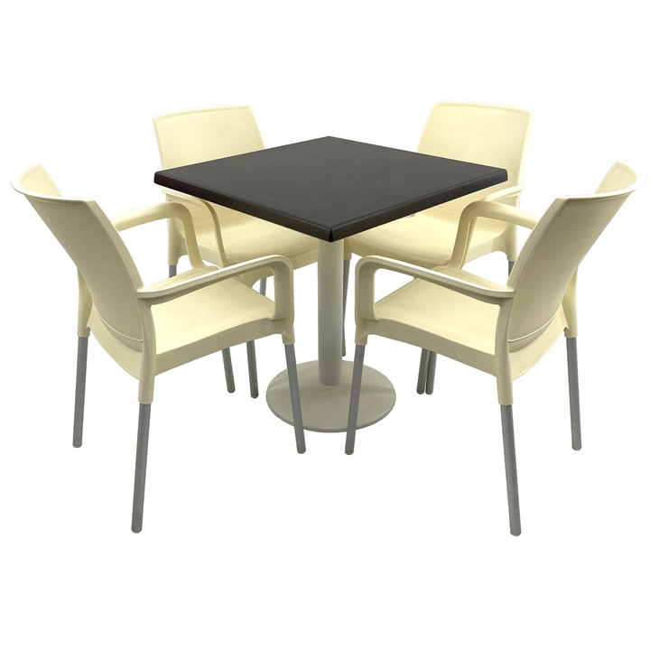 Set bistro de exterior RAKI, masa patrata 80x80cm cu blat Werzalit New Wenge si picior metalic alb, 4 scaune Sunset crem 55x58xh82cm din plastic cu picioare aluminiu