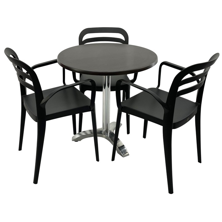 Set mobila terasa/restaurant RAKI, masa rotunda D70cm cu blat Werzalit New Wenge si picior aluminiu, 3 scaune cu brate Aspendos negre 54,5x51xh81,6cm din plastic