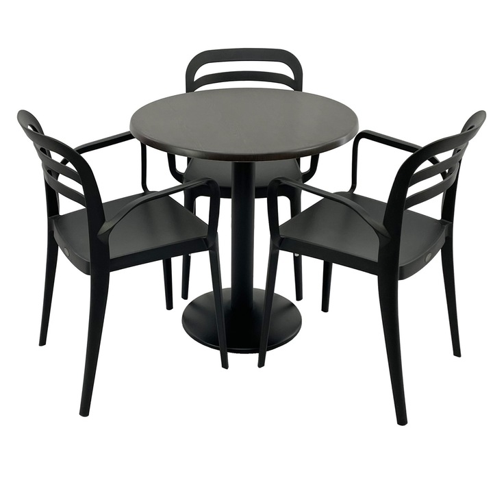Set mobila terasa/restaurant RAKI, masa rotunda D70cm cu blat Werzalit New Wenge si baza metalica neagra, 3 scaune cu brate Aspendos negre 54,5x51xh81,6cm din plastic