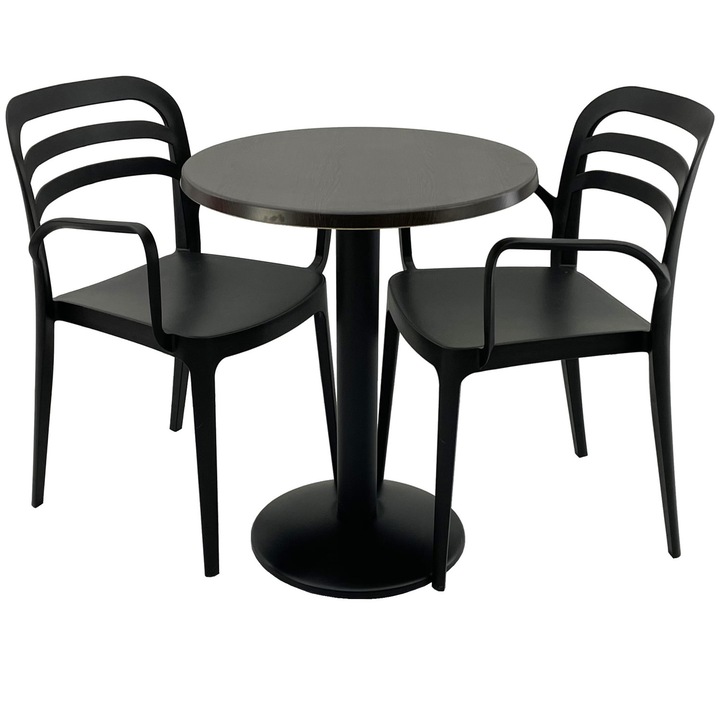 Set mobila terasa/restaurant RAKI, masa rotunda D60cm cu blat Werzalit New Wenge si baza metalica neagra, 2 scaune cu brate Aspendos negre 54,5x51xh81,6cm din plastic