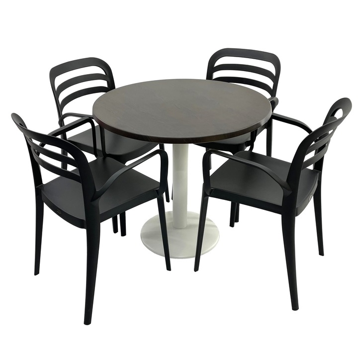 Set mobila terasa/restaurant RAKI, masa rotunda D80cm cu blat Werzalit New Wenge si picior metalic alb, 4 scaune cu brate Aspendos negre 54,5x51xh81,6cm din plastic