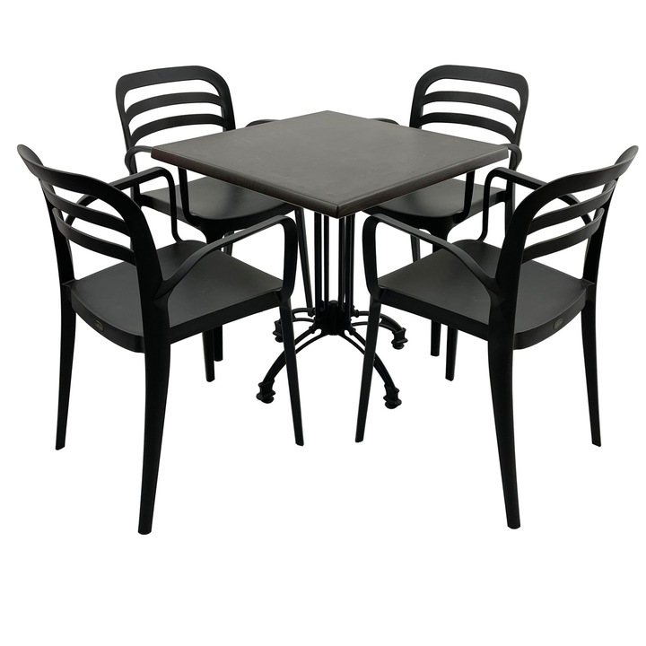 Set mobila terasa/restaurant RAKI, masa patrata 70x70cm cu blat Werzalit New Wenge si baza retro neagra din aluminiu, 4 scaune cu brate Aspendos negre 54,5x51xh81,6cm din plastic