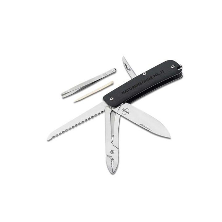 Cutit multifunctional BOKER PLUS Naturensohne MK II, otel Sandvik 12C27, maner G10, negru