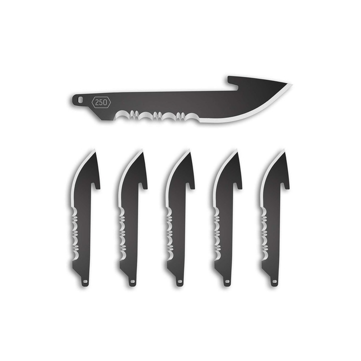Set 6 Lame de Schimb Outdoor Edge Razor, Tip DropPoint, Otel Inoxidabil Japonez 420J2, Margine Partial Zimtata, Acoperire Neagra, Lungime 6.4 cm, Compatibile cu Outdoor Edge Razor 2.5 inch, Ideale pentru Vanatoare, Camping si Outdoor