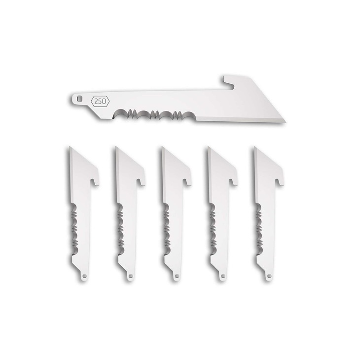 Set 6 lame de schimb premium Outdoor Edge Utility Serrated, fabricate din otel inoxidabil japonez 420J2, cu margine partial zimtata, ideale pentru vanatoare si utilizare in exterior, compatibile cu modelele Outdoor Edge Razor de 6.4 cm