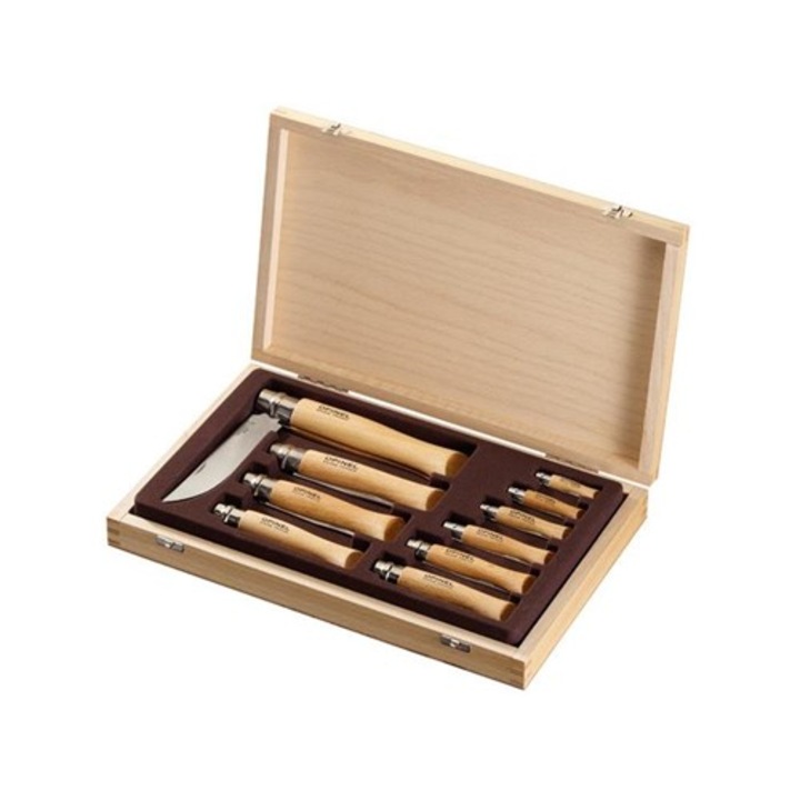 Set 10 cutite + cutie depozitare, Opinel, Inox / Lemn, Maner ergonomic, 31 x 19.5 x 3.5 cm, Bej / Argintiu