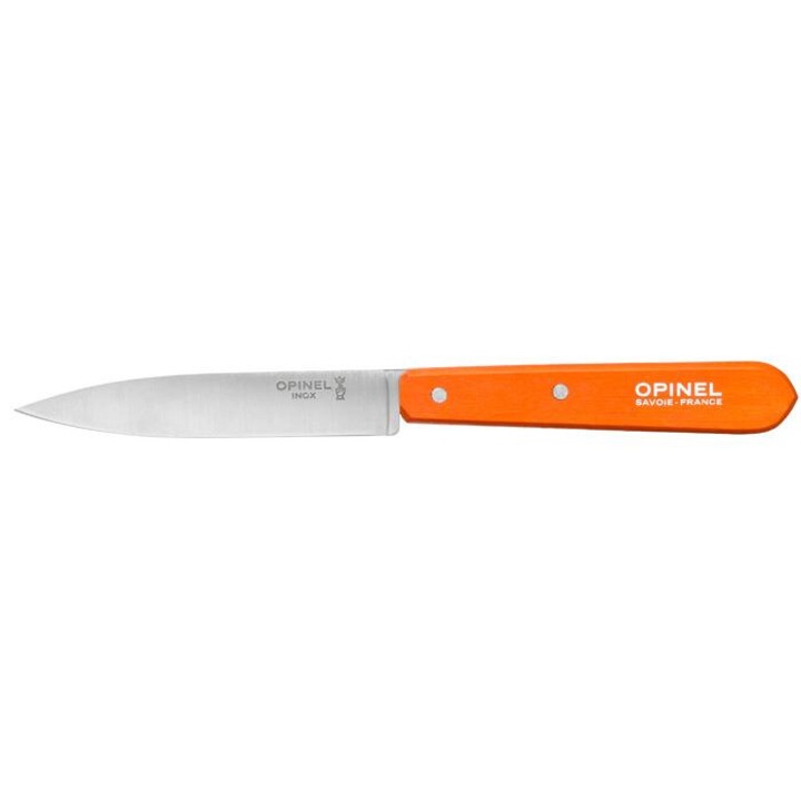 Opinel Essentiels zöldség-gyümölcs kés, 10 cm-es penge, bükkfa nyél, narancs