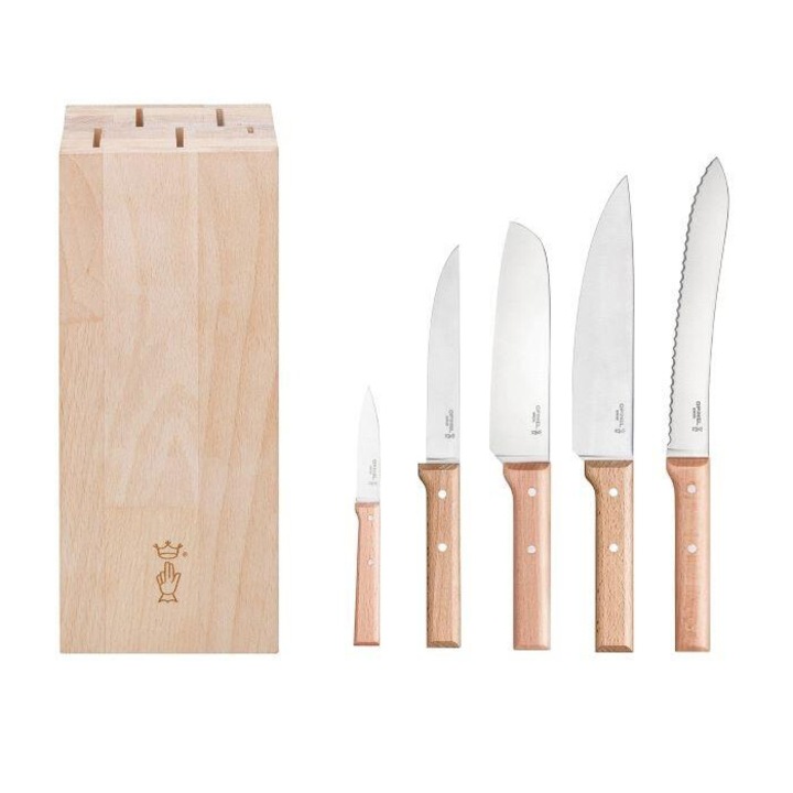 Set 5 cutite, Opinel, inox, cu suport, 22.5 x 12 cm, argintiu/bej