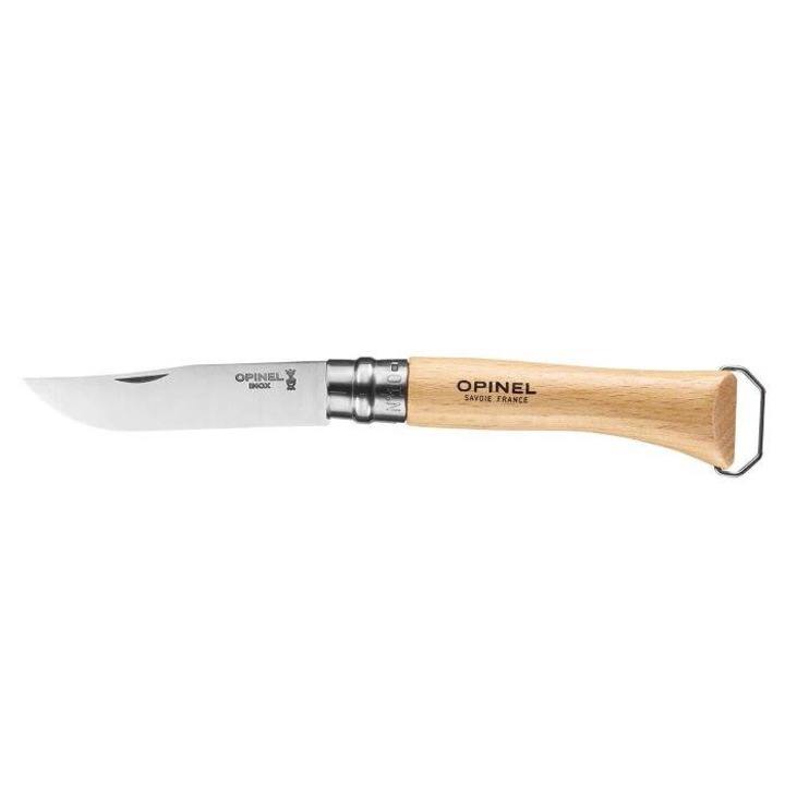 Cutit pliabil 3in1, Opinel, Inox, Maner lemn, Tirbuson/Deschizator, 100mm, Bej/Argintiu