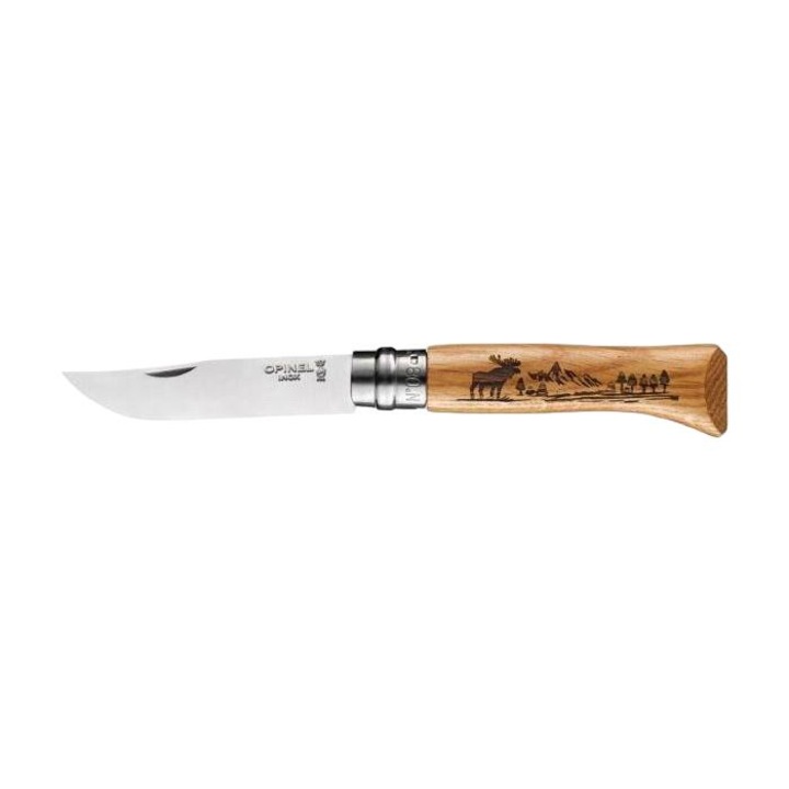 Cutit Pliabil Opinel Animalia Stejar Elan 08 Lama Inox Sandvik 12C27 de 8.5 cm Maner Ergonomic Lemn de Stejar cu Gravura Elan Sistem Blocare Virobloc Portabil Durabil Usor Camping Vanatoare Drumetii Pescuit Edc