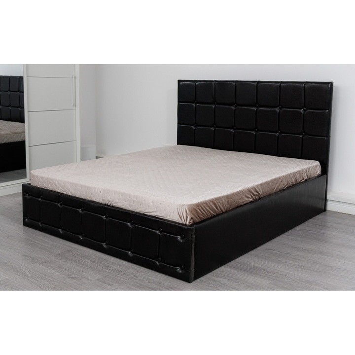 Pat Tapitat Andrei B24 Ultra Negru Piele Ecologica 140x200 cu saltea